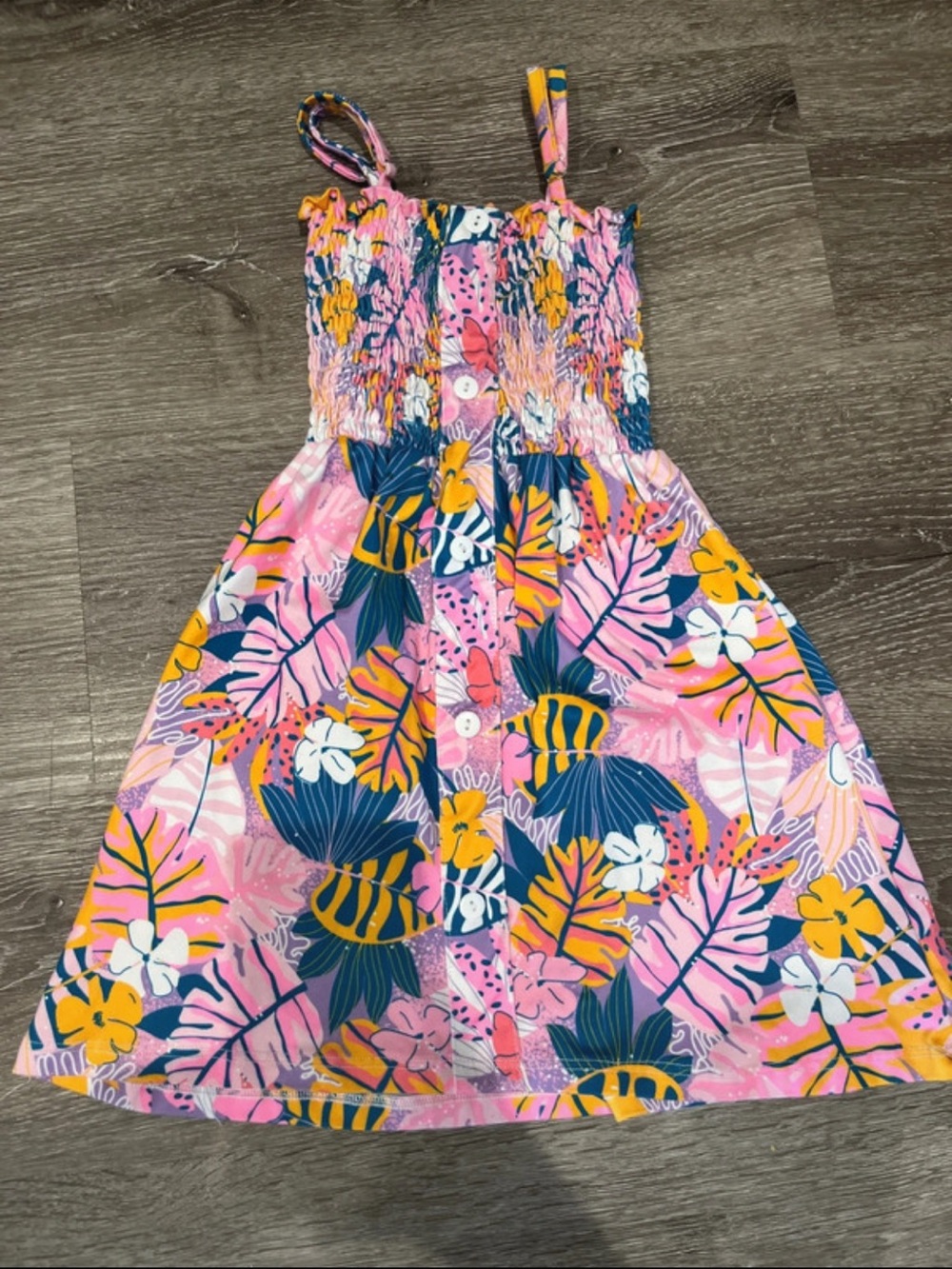 Girls Pink Tropical Print Sundress with Yellow & Navy Accents